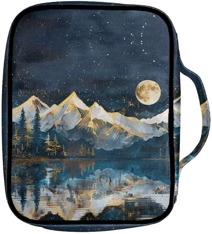 Coldinair Snow Mountain Moon Bible Covers Bag for Men Women,Durable Carrying Book Case Church Bag Bible Holder with Handle and Zippered Pocket