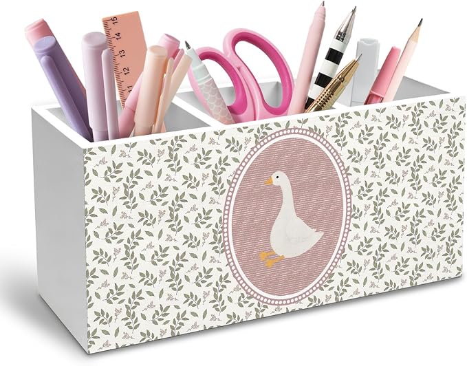 Cottagecore Botanical Goose Pen Holder for Desk, Goose Gifts for Women Pencil Organizer, Vintage Floral Animal Wooden Box Sign Desk Decor for Girl Nursery Home Office Decoration