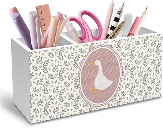 Cottagecore Botanical Goose Pen Holder for Desk, Goose Gifts for Women Pencil Organizer, Vintage Floral Animal Wooden Box Sign Desk Decor for Girl Nursery Home Office Decoration
