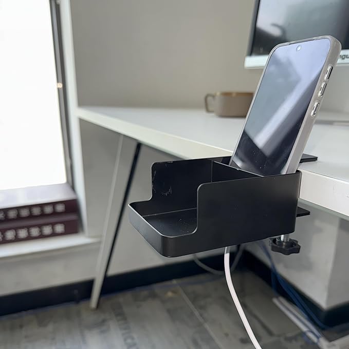 Black Desk Cup Holder, Clamp on Under Desks for Cups Holder, Desktop Storage for Phone, Anti-Spill Cup Holder for Desk Edge,Desktop Cup Clamp, 1Pack