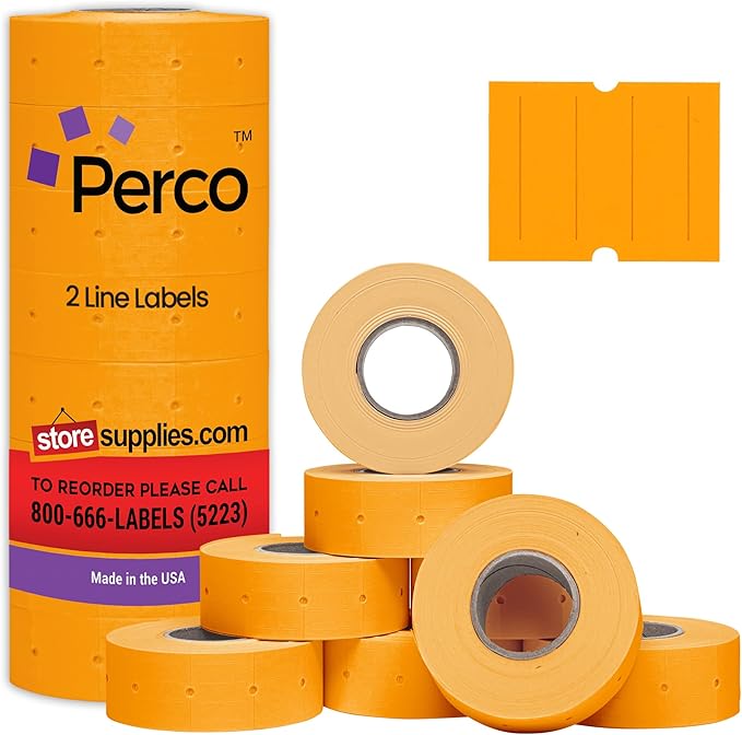 Perco 2 Line Fluorescent Orange Labels - 8 Rolls, 1 Sleeve, 6,000 Blank Price and Date Gun Labels for Perco 2 Line Price and Date Guns - Made in USA