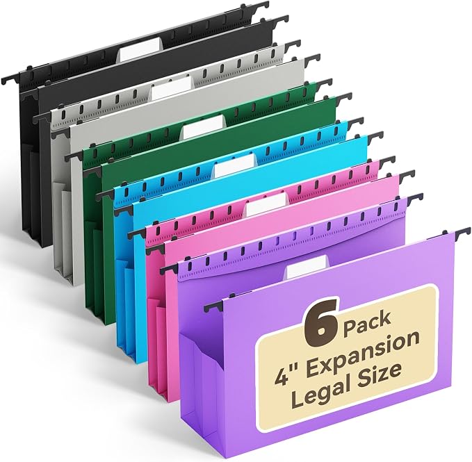 Ansook Legal Size Hanging File Folders Extra Capacity, Expandable 4" Legal Size File Folders with 1/5 Tabs, Plastic Filling Cabniet Folders Designed for Legal and Law Office File Organization - 6 Pack