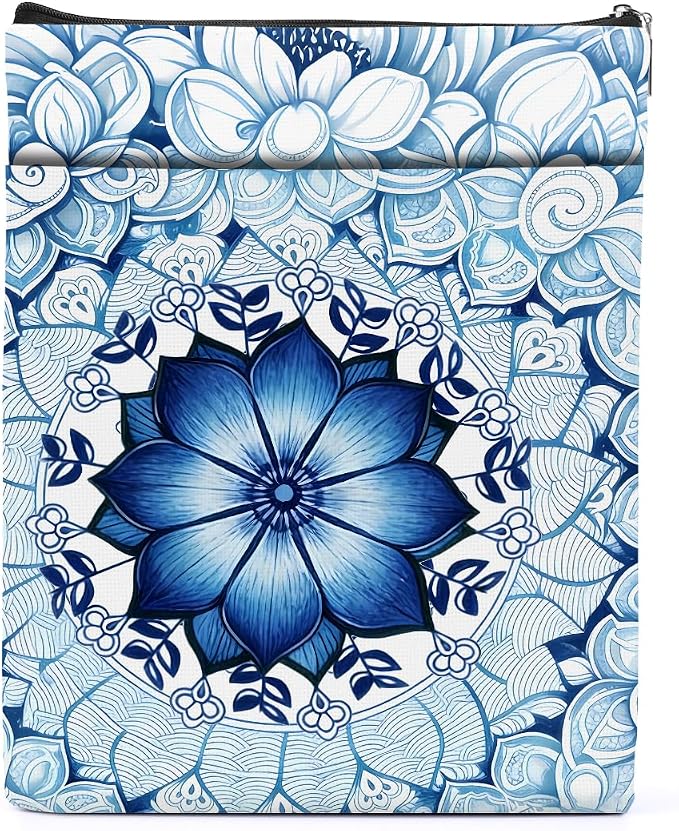 Blue Floral Bible Book Sleeve, Book Lovers Gifts Sleeve with Zipper & Front Pocket, 11.4x8.8 Inch Canvas Books Cover Protector Bookish Bible Gifts for Readers Librarian Women Teacher