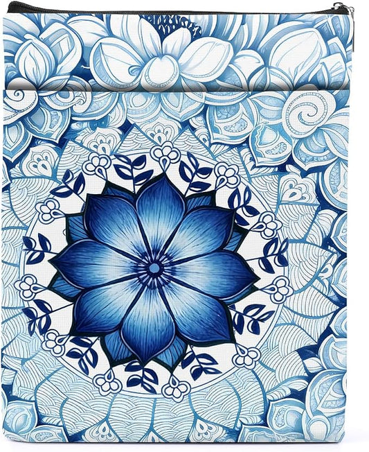 Blue Floral Bible Book Sleeve, Book Lovers Gifts Sleeve with Zipper & Front Pocket, 11.4x8.8 Inch Canvas Books Cover Protector Bookish Bible Gifts for Readers Librarian Women Teacher