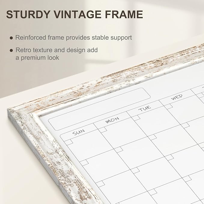 Monthly Dry Erase Calendar Whiteboard for Wall, 24" x 18" Magnetic White Board Calendar Board - Rustic Vintage Wooden Frame