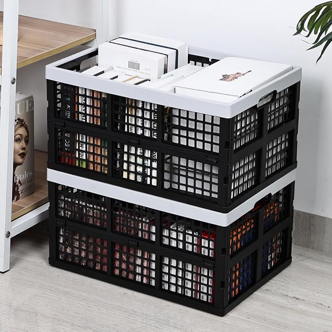 Esdiplot 2 Pack 42 L Collapsible Storage Crates, Stacking Folding Storage Basket, , Plastic Collapsible Milk Crates