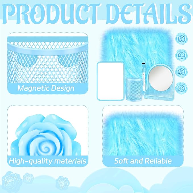 8 Pcs Blue Locker Accessories Kit Blue Magnetic Mirror, Magnetic Pen Holders, Cute Flower Magnets, Locker Organizer Supplies Back to School Stuff Gift Locker Accessories for Girls
