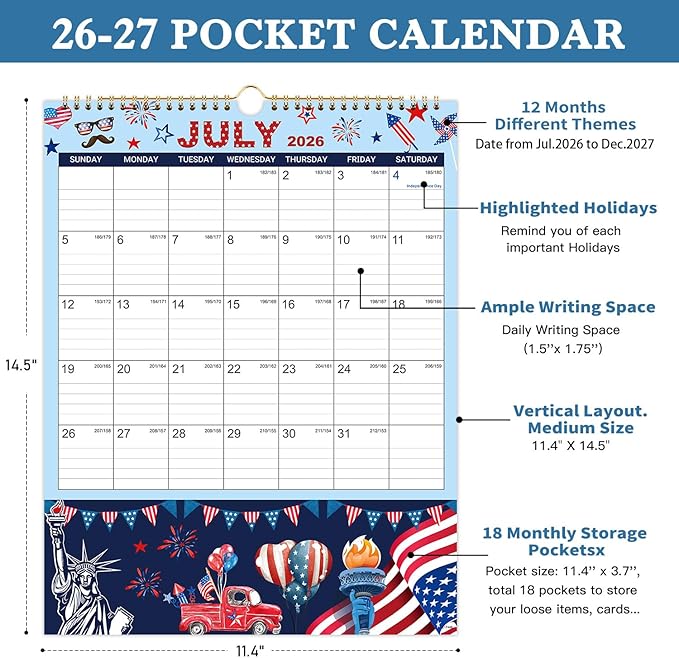Vindora 2026-2027 Wall Calendar with Pockets - 18 Month Large Vertical Calendar (July 2026 to Dec 2027), 11.4x14.5 Inch Office & Family Planner with Hanging Loop, Floral Design