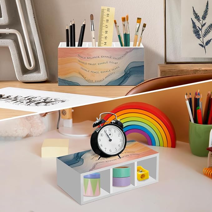 Inhale Exhale Mental Health Pen Pencil Holder for Desk, Watercolor Abstract Office Desk Accessories, Calming Breathe Pen Holders Organizer for Therapy Counselling Room, Therapy Office Decor