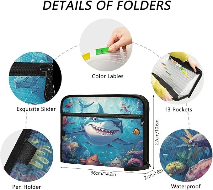 Cartoon Shark in Ocean Accordion File Organizer Expanding Document Folder with 13 Pockets Portable File Folder for A4 Letter Size
