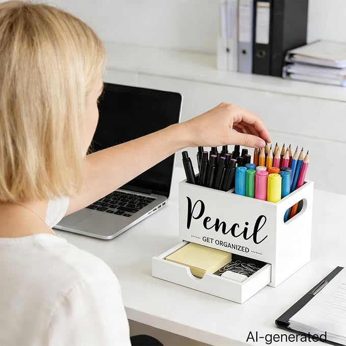 Pencil Holder with 1 Drawer, Multi-Functional Pen Holder for Desk, Desk Organizers and Accessories with 2 Compartments, Desktop Organizer for Office Home Art Supplies(White)