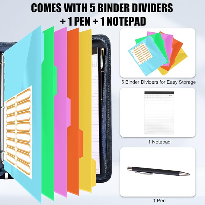 Eshow Portfolio Organizer - 3 Ring Binder with Zipper, Vegan Leather Business Padfolio Folder with Notepad Includes 5 Color Sheet Protectors for Documents Files for Men Women