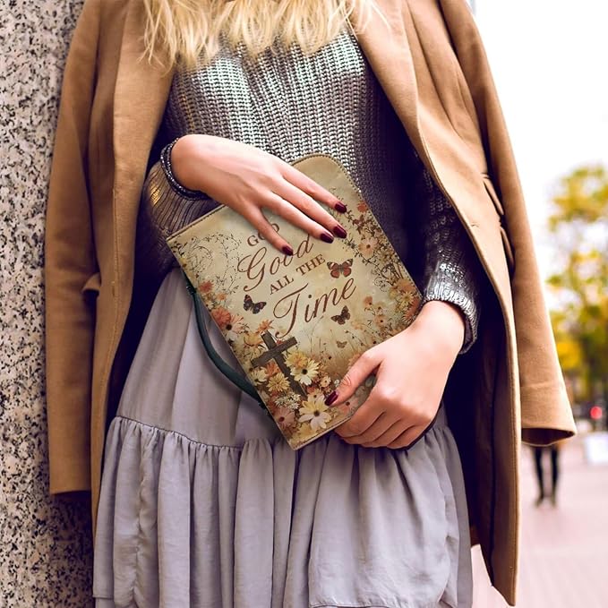 Vintage Religious Floral Cross Bible Case with Bookmark Waterproof Bible Cover Case for Women Lightweight Bible Bag with Handle Pockets Church Book Bag Brown