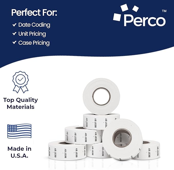 Perco 2 Line Best BY Labels - 80 Rolls, 10 Sleeves, 60,000 Blank Date Gun Labels for Perco 2 Line Date Guns - Made in USA