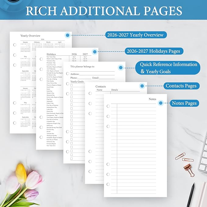 2026-2027 Monthly Planner Refill, A6 Small Size Planner Inserts for 6 Ring, 3.8"x6.8", Jul. 2026 - Dec. 2027, 18 Monthly Calendars with Laminated Tabs, 6-Hole Punched