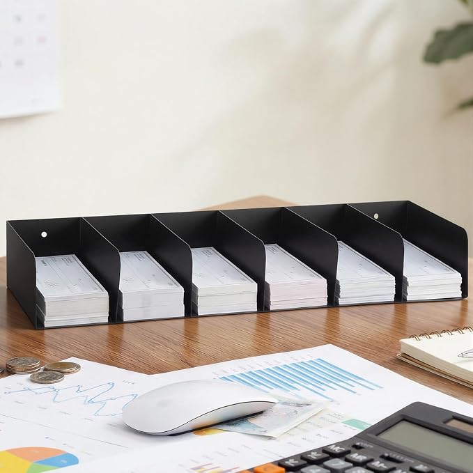 Gisafai Metal Check Sorter Organizer 6 Pockets, 16 x 3.75 x 8 Inch Black Steel Document Holder Wall Mountable, Heavy Duty Countertop Receipt Storage Rack for Bank, Office, Retail, Restaurant