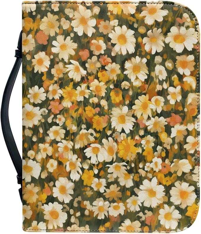 Bible Cover Case for Women,Daisy Print Carrying Book Case for Bible Accessories Leather Carrying Case with Handle&Zippered Pocket A Christian Gift for Women-L