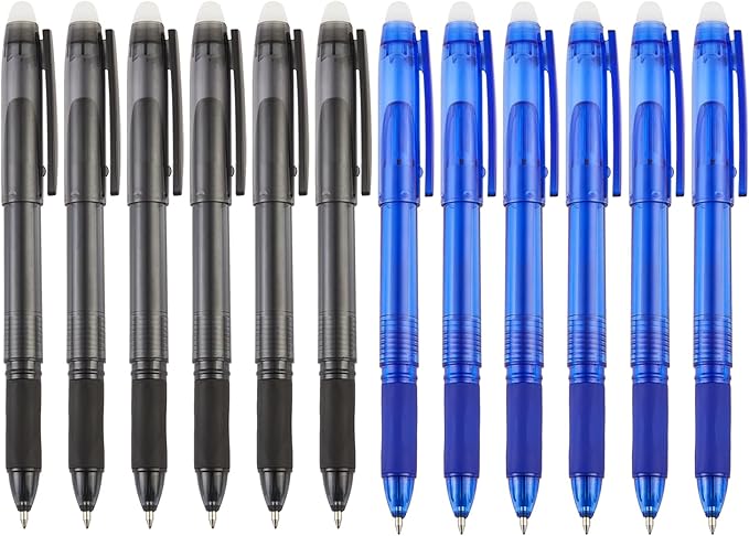 Volcanics Erasable Gel Pens, 0.7mm Fine Point Gel Erasable Ink Pens with Eraser - Rocket Book Pens, Soft Black and Blue, 12 Pack, Smooth Writing Pens Pencil-Like Precision for Home School & Office