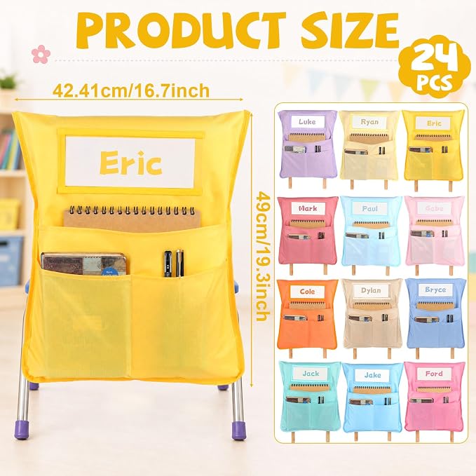 24pcs for Classroom 16.3x19.7inch Classroom Chair Pockets with Name Tag 3 Pockets Chair Organizer for Teacher Student School Office(Pink Purple)
