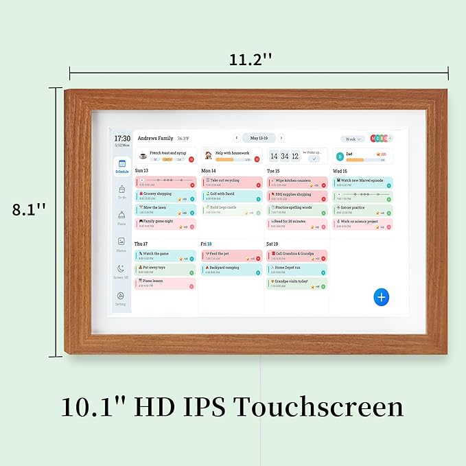 Digital Calendar & Smart Chore Chart, 10.1'' Touchscreen Family Organizer with Multi-Calendar Sync, Reward System, Photo Frame Mode, Desk or Wall Mount, Teak, No Subscription