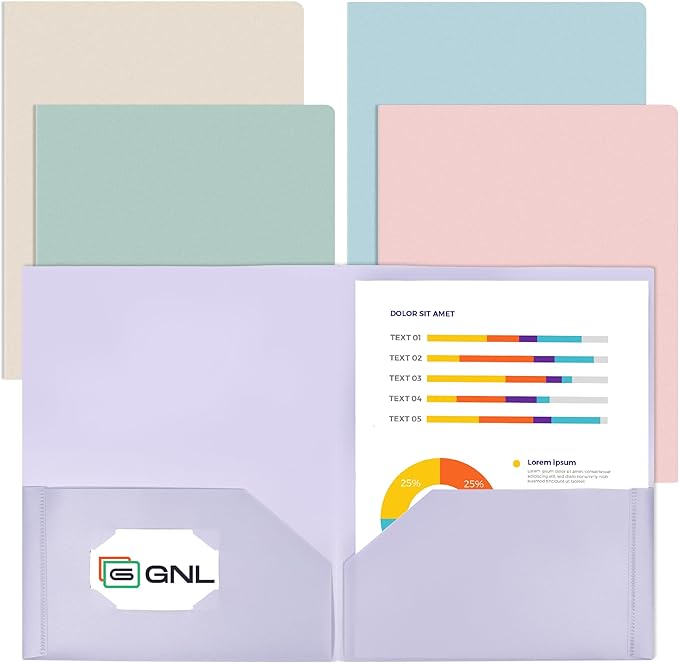 GNL Plastic Folders with Pockets, Pack of 5, Muted Pastel Colors, Heavy Duty 2 Pocket File Folders Letter Size, Pocket Folders for School, Home, and Office