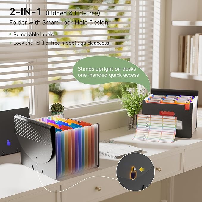 ThinkTex Accordion File Organizer, 12 Pockets Monthly Bill Receipt Organizer, Portable Expanding File Folders, Multi-Color Tabs, Letter/A4 Size - 3 Packs