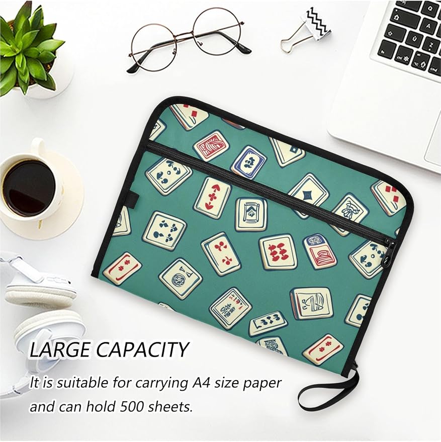File Folders Green Mahjong Style Plastic Folders with 13 Pockets, Expandable File Folder for Documents School Students Office, Aesthetic Folder with Labels A4 Letter Size