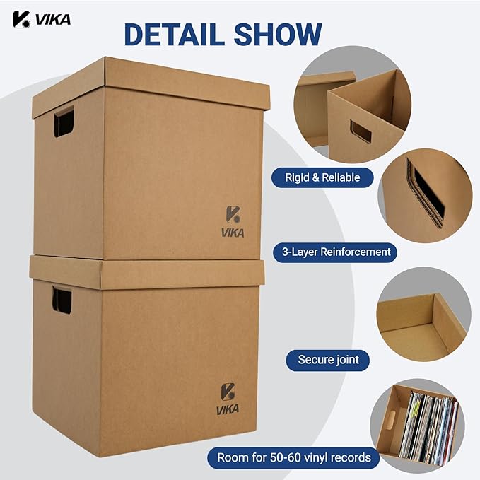 VIKA Vinyl Record Storage Box & Moving Box – Sturdy Cardboard with Removable Lids and Handles, Holds 60 Records/Laser Discs Each - Set of 4 Boxes (Kraft)