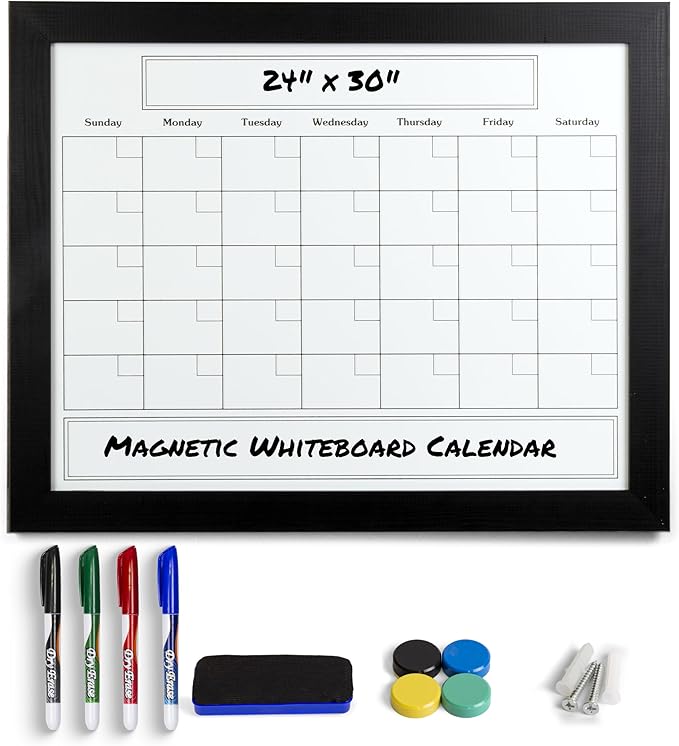 Large Magnetic Dry Erase Whiteboard Calendar with Real Wooden Frame, Large 24" x 30" Size, Wall Mount, Includes 4 Assorted Color Markers, Eraser and 4 Magnets, by Better Office Products (Solid Black)