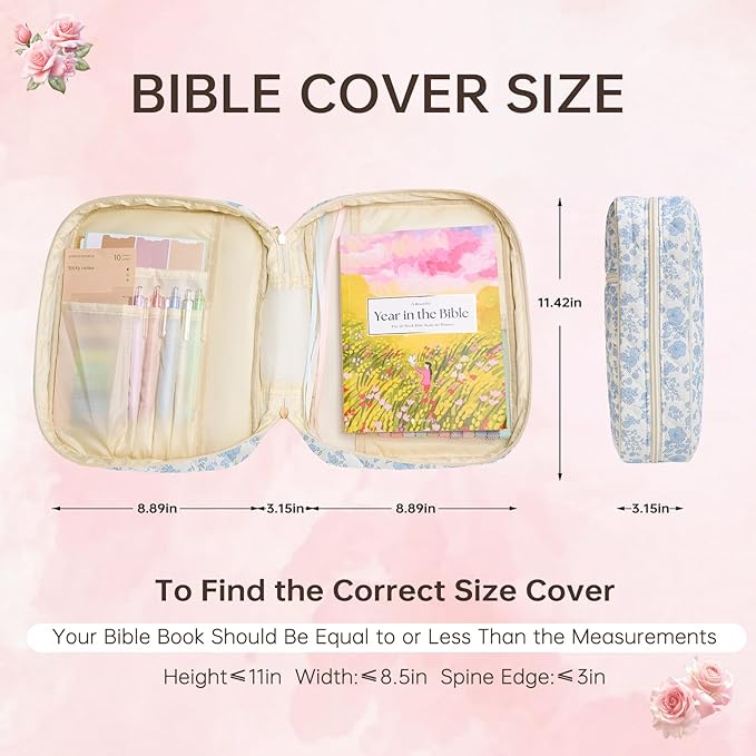 Bible Cover Case for Women Large Bible Cover Bag Quilted Bible Carrying Case for Girls Bible Study Supplies Accessories Christian Gifts for Women (Small Blue Floral, Large)
