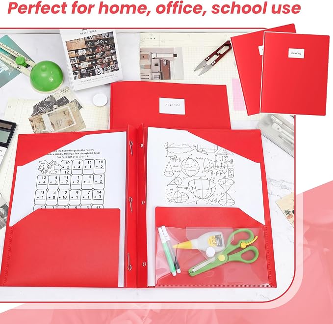 Kosiz 24 Pcs 2 Pocket Folders with Prongs, Paper Folders with 2 Pockets and 3 Prongs Fit Letter Size Paper, Back to School File Document Organizer for School Office Home Supplies (Red)