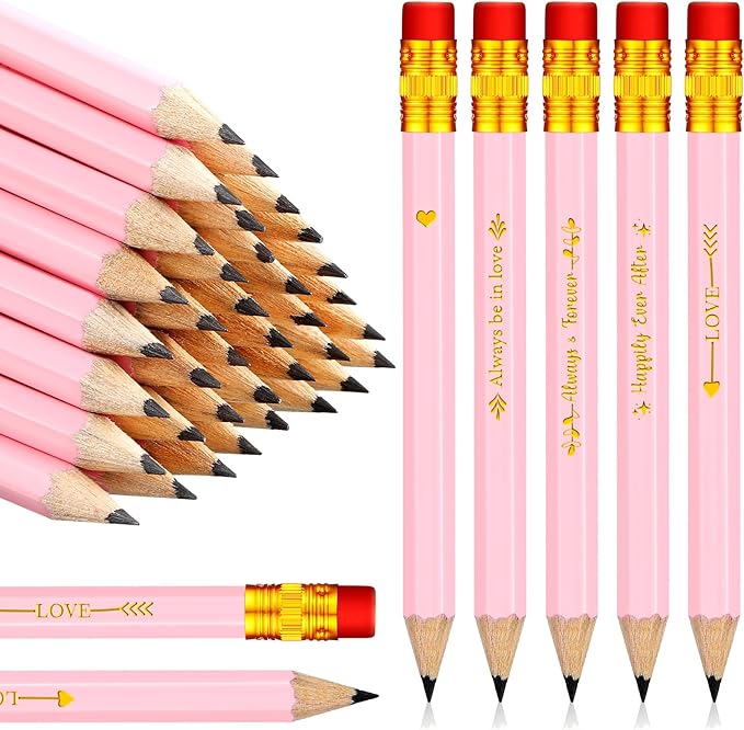 Crtiin 50 Pcs Bridal Shower Pencils Half Golf Wedding Pencils with Eraser 4 Inch Short Pocket Pre Sharpened for Wedding Game Bridal Shower Presents Classroom School(Pink)