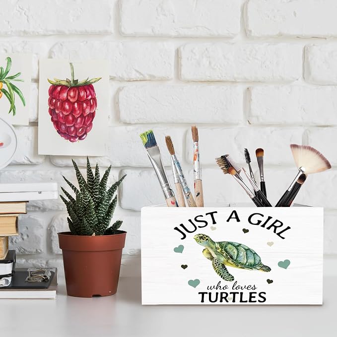 Coastal Beach Sea Turtle Pen Holder for Desk, Gifts for Turtle Lovers Pencil Organizer, Just a Girl Who Loves Turtles Wooden Box Sign Desk Decor for Home Office Decoration