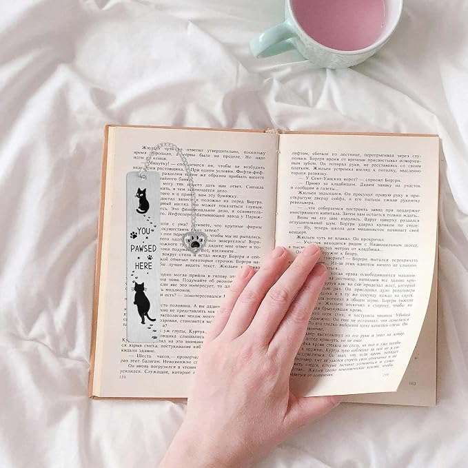 Cat Bookmark, 12.9x2.5cm/5.08x0.98in Zinc Alloy Adorable Metal Cute Funny Black Animal Paw Prints Reading Book Marks Marker Bookmarker for Teacher Student Friend Women Book Lovers Gift Accessories
