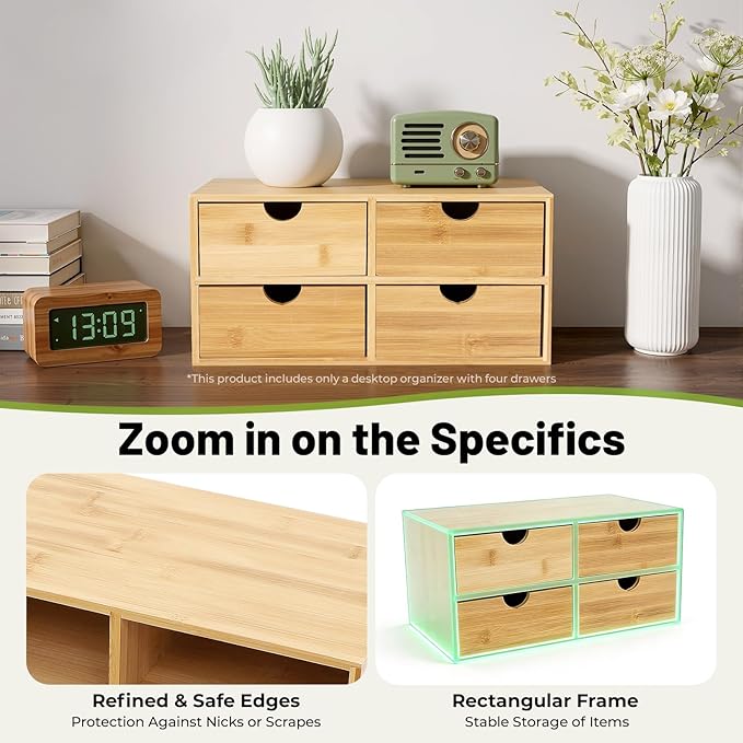 Desk Organizer, Office Vanity Bamboo Desk Organizer, Mini Bamboo Desk Drawer Tabletop Storage Box with 4 Drawer Night Stand Table Organizer for Makeup Vanity Office Supplies (4 Drawer)