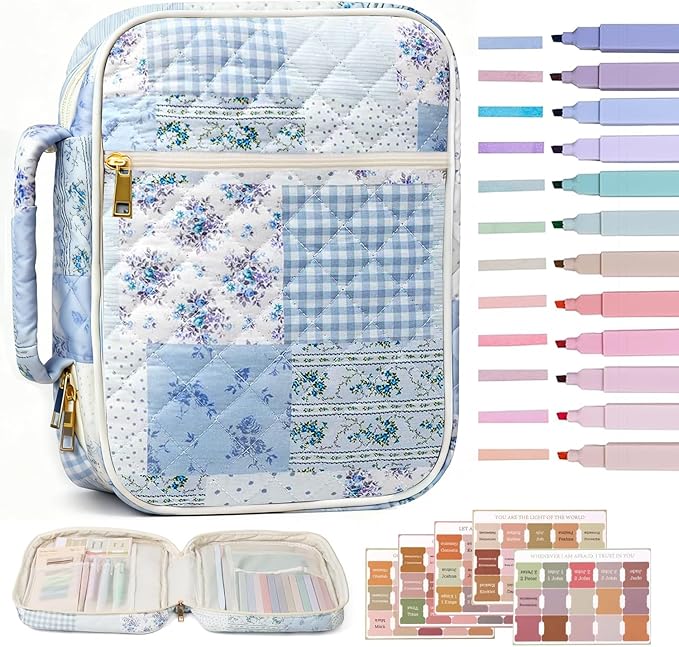 Bible Cover Case for Women, Bible Bags Large Quilted Bible Cover with Bible Study Supplies Accessories Church,Classroom,Campus,Neighborhood Association (Blue,M/L)