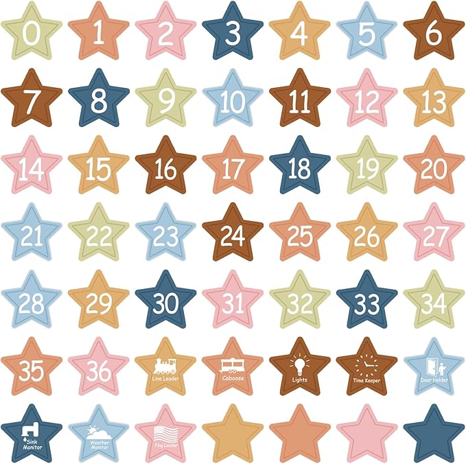 COCHIE Colorful Line Up Spots for Classroom Floor Decorations, 52PCS 4" Number Stickers for Teachers, Vinyl Floor Dots Decals, Back to School Supplies for Preschool, Kindergarten, Elementary (Star)