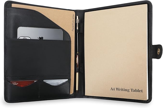 Leather Padfolio Legal Pad Portfolio Organizer | Handmade Executive Notebook Binder | Heavy Duty Full Grain Cow Hide Resume Interview Folio for Men Women, Rustic NoteBook Folder (Black)