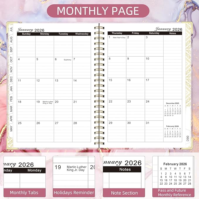2026 Planner, Jan.2026 - Dec.2026 Weekly Monthly Planner 6.25"x8.5" with Page Tabs, Calendar Hardcover with Inner Pocket, Elastic Band, Twin-Wire Binding, Bookmark, Pink Marble