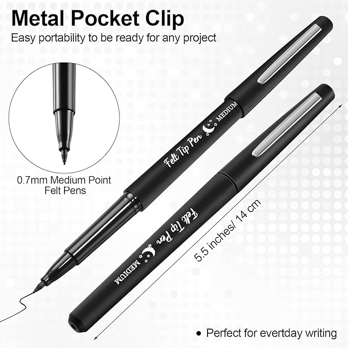 Fuyoooo 36 Pcs Black Felt Tip Pens 0.7mm Medium Point Felt Tip Marker Pens Bulk, No Smear, Quick Dry for Journaling Planner Writing Note-taking Art Office and School Supplies