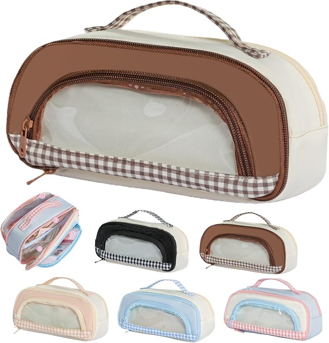 Cute Kawaii Pencil Case Pouch Sweet Check Window Pen Box Holder Organizer for Office Workspace Supplies Desk Accessories Travel Essentials Aesthetic Trendy Cool Stuff Gift Handy Handle (Coffee)