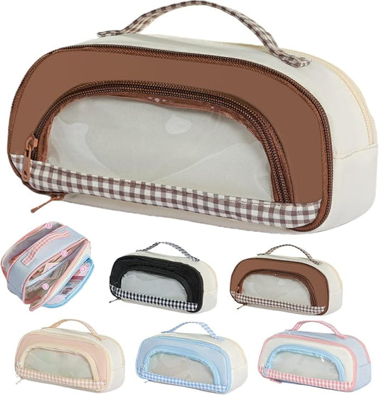 Cute Kawaii Pencil Case Pouch Sweet Check Window Pen Box Holder Organizer for Office Workspace Supplies Desk Accessories Travel Essentials Aesthetic Trendy Cool Stuff Gift Handy Handle (Coffee)