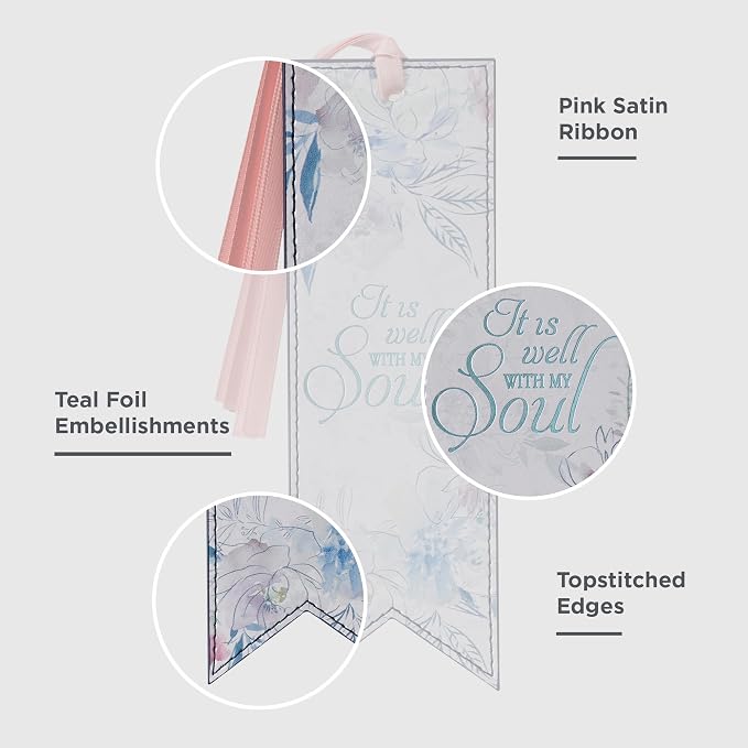 Christian Art Gifts Premium Vegan Faux Leather Scripture Bookmark for Women: It is Well with My Soul Hymn - Inspirational Heat-Debossed Faith-Based Reading Book Accessory w/Ribbon Tassel, Floral Pink