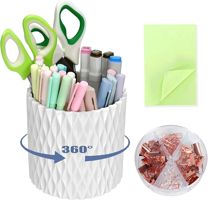 Gawsey 3Pcs 360° Rotating Desk Organizers and Accessories with Pen Holder Sticky Note and Clips Set, Desktop Storage Stationery Supplies Organizer, Cute Pencil Cup for Office, School, Dorm Room