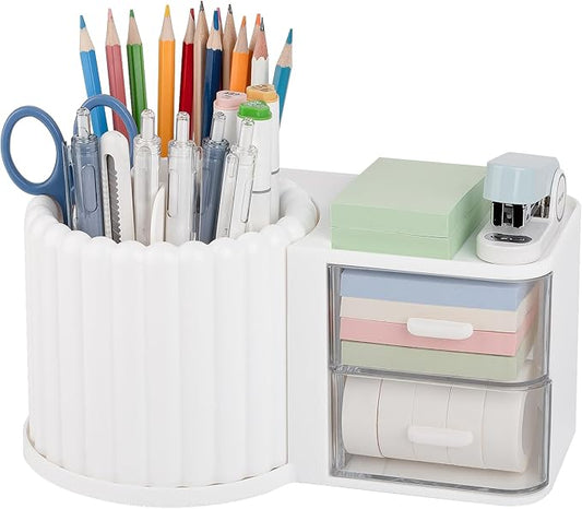 Anyoifax 360° Rotating Pen Holder 7 Slots Desk Organizer with Drawer Removable Pencil Cup Plastic Art Supplies and Accessories Desktop Storage Box Caddy for Office, School, Home (White)