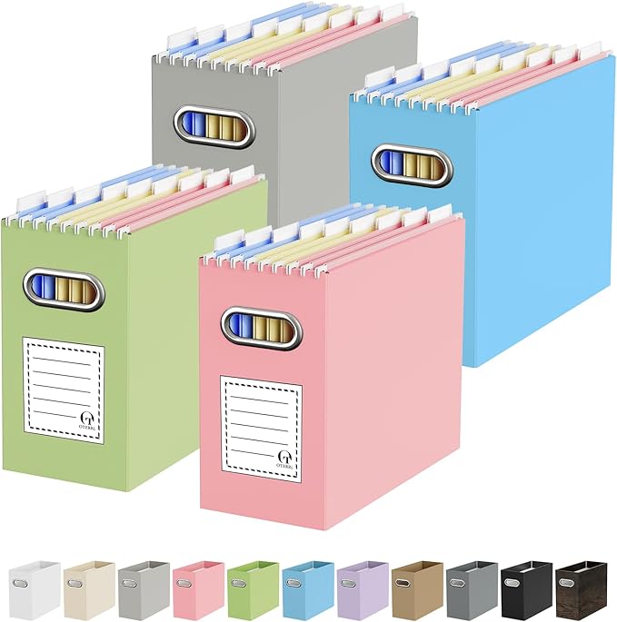 Oterri File Organizer Box, Portable Collapsible Cardboard File Folder Organizer with Handle for Letter Size Hanging Files, Document Storage Box for Home Office & Classroom (4 Packs,Colorblock)