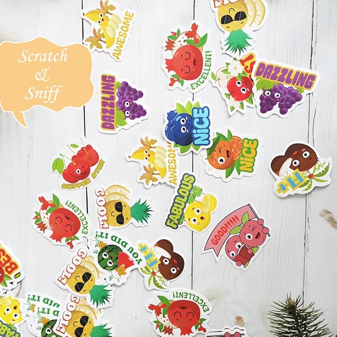 240PCS Scratch and Sniff Stickers for Teens, Large Scented Smelly Fruits Reward Stickers, Motivational Incentive Fun Decals with Positive Words for Students Teachers Chart School Supplies, 12 Designs