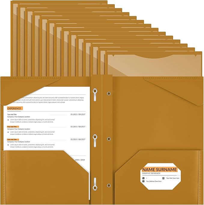 Henoyso 36 Pcs Plastic Folder with Clear Front Pocket and 3 Prong Plastic Folders with Card Slot Pocket Folders with Prongs for School Office (Khaki)