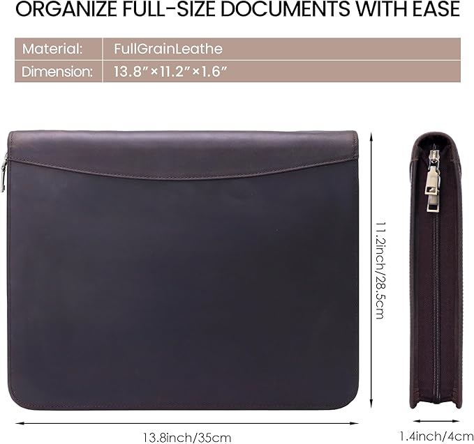 Crazy Horse Genuine Leather Zippered Padfolio with 3-Ring Binder, A4/Letter Portfolio Organizer for Work, Fits 13.9" Tablet, Business Document Folder for Meetings & Interviews (Brown)