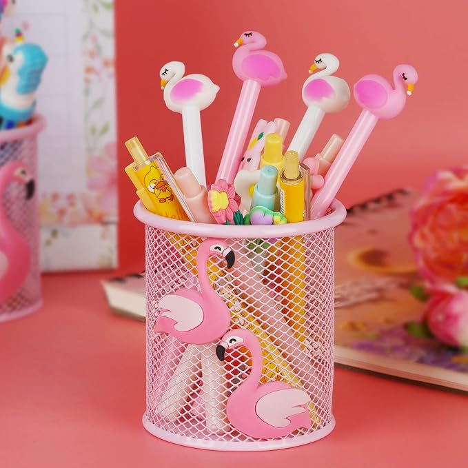 Trycooling 2 Pack Metal Cute Pen Pencil Holder Office Home Desk Square Pencil Cup Caddy Box Makeup Brush Holders for Girls (Round)